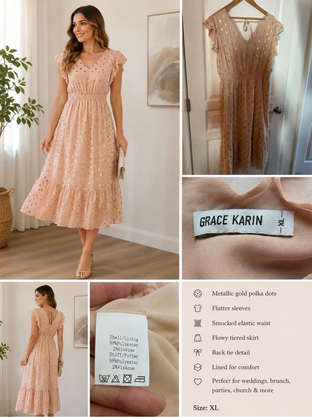 Grace Karin Blush Pink Gold Polka Dot Midi Dress XL Romantic Flutter Sleeve